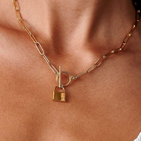 Gold Paper Clip Link Padlock Pendant Necklace - Picture 3 of 4